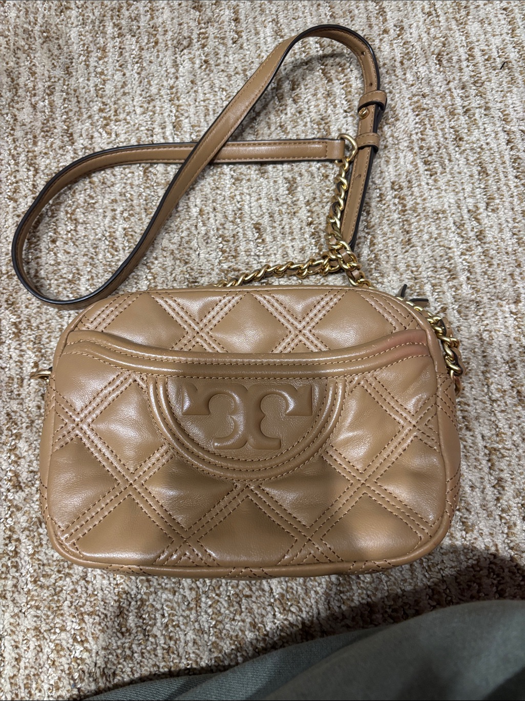 Tory Burch Quilted Tan Leather Chain-Trim Crossbody